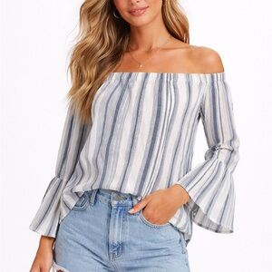 Sanctuary Off-Shoulder Striped Bell Sleeve Blouse | Size Small